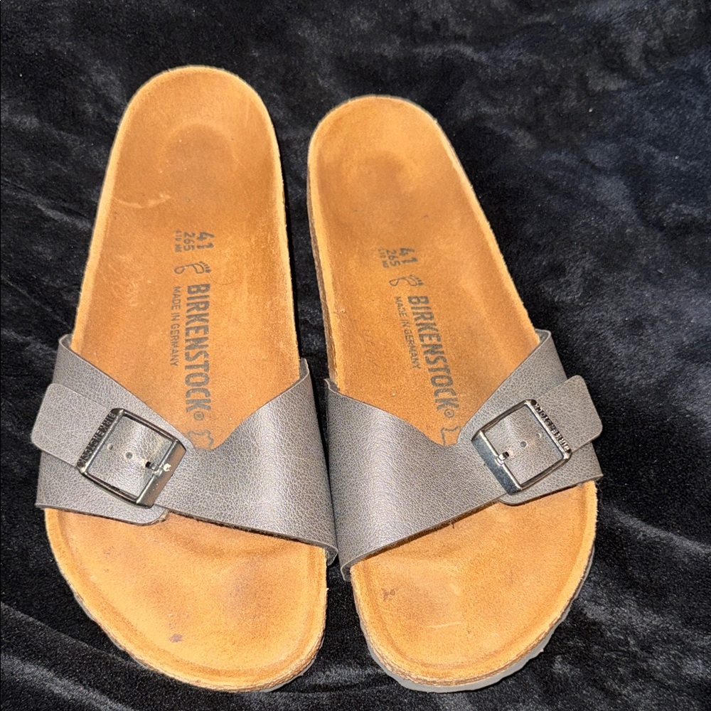 Birkenstock Single-Strap Slide Sandals in Gray with Brown Footbed